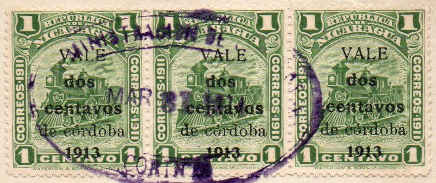 Nicaragua Stamps : Steam Locomotive Gold Currency surcharge 1914 used in Corinto